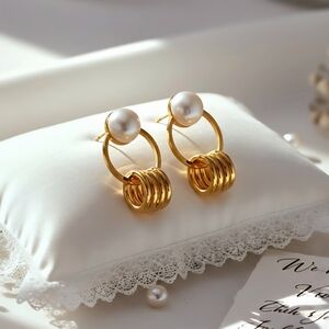 Bridal Pearl Hoop Earrings 18K Gold Plated Stainless Steel Minimalist Dainty